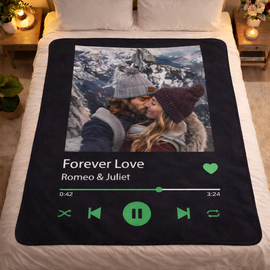 Kişiye Özel Şarkı Tasarımlı Fotoğraflı Battaniye – Anılarınızı ve Şarkınızı Ölümsüzleştirin