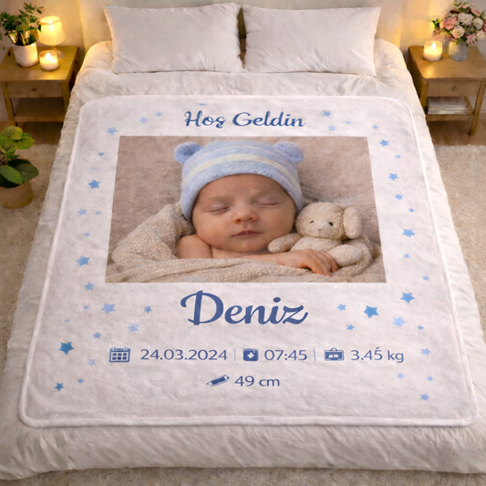 Kişiye Özel Yeni Doğan Bebek Anı Battaniyesi – Fotoğraflı Hoş Geldin Tasarımı